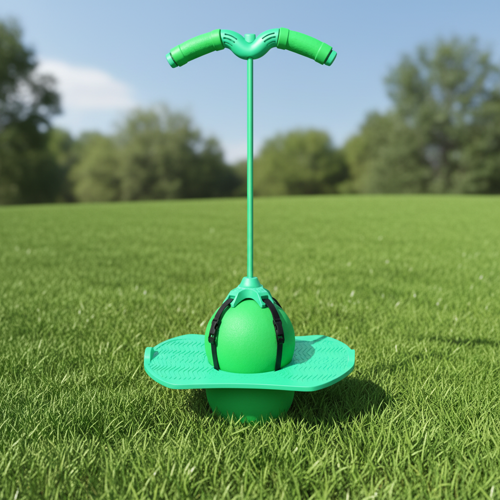 Yellow balance jumping stick, a fun pogo toy for kids to develop coordination & physical activity outdoors.