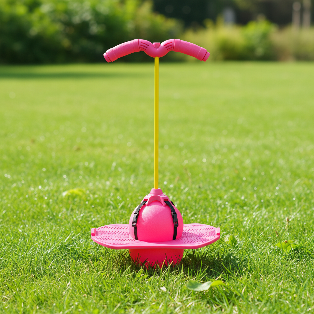 Child's active play jumping stick, an outdoor balance toy promoting motor skills & physical activity for kids.