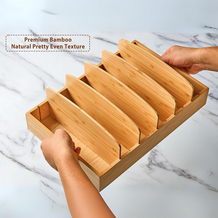 TopKeeper adjustable bamboo kitchen organizer for pot lids. Maximizes cabinet & pantry space efficiently.