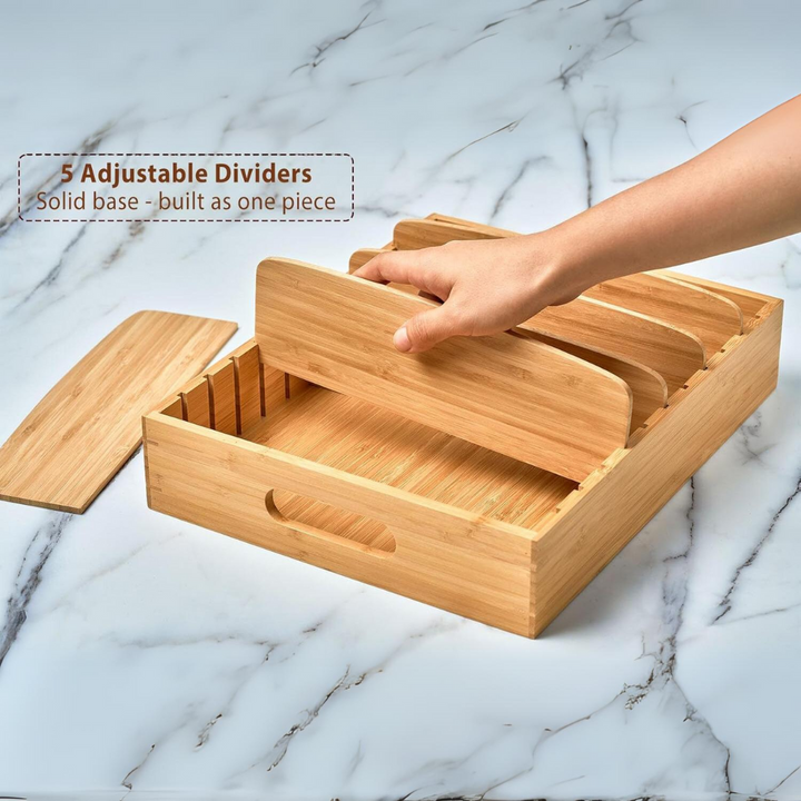 Eco-friendly bamboo pot lid storage rack, adjustable for easy access. Essential for cookware organization.