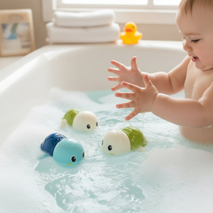 Colorful floating animal bath toys for toddlers & kids, perfect for engaging water fun and splash play.