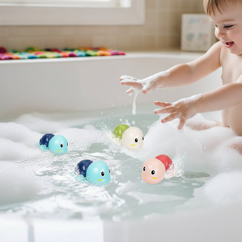 Vibrant floating animal bath toys for kids & babies, promoting developmental water fun & interactive splash play.