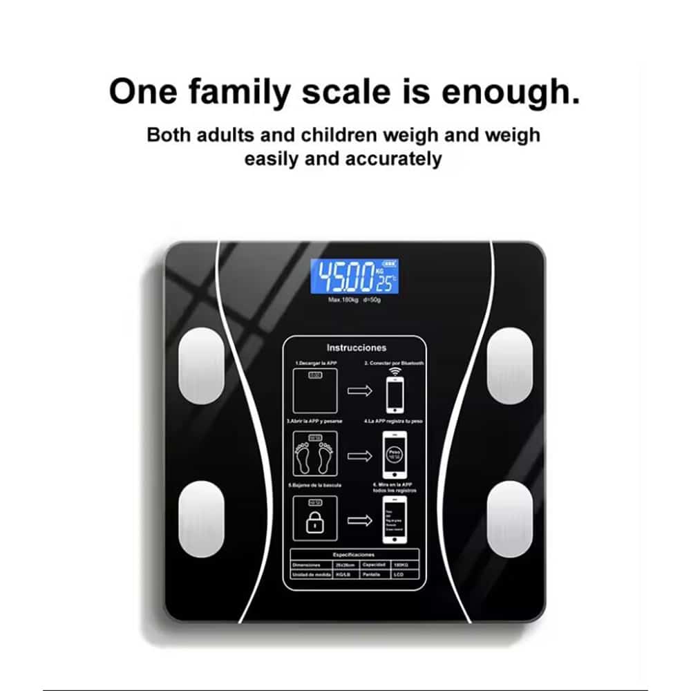 Advanced smart scale with BMI, body composition metrics, & Bluetooth for a personal fitness monitor.