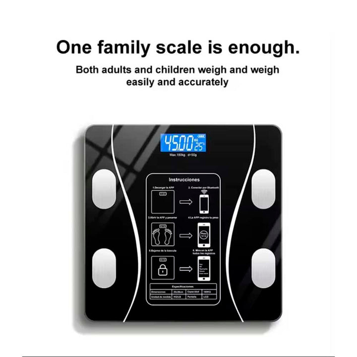 Advanced smart scale with BMI, body composition metrics, & Bluetooth for a personal fitness monitor.