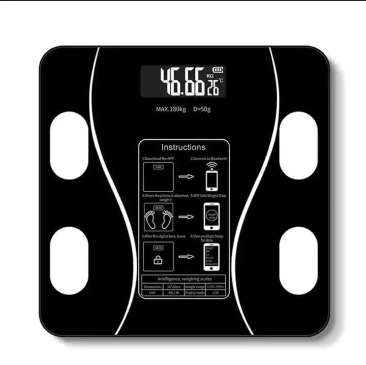 White smart digital bathroom scale with an easy-to-read display, tracking weight, BMI & body fat.