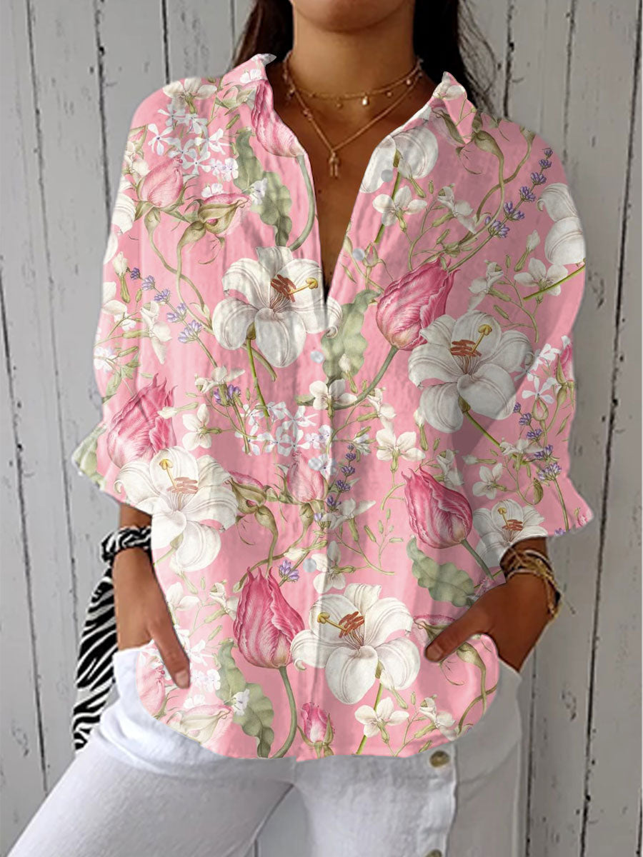 Women's elegant pink floral bloom V-neck blouse, perfect for spring everyday wear and romantic style.