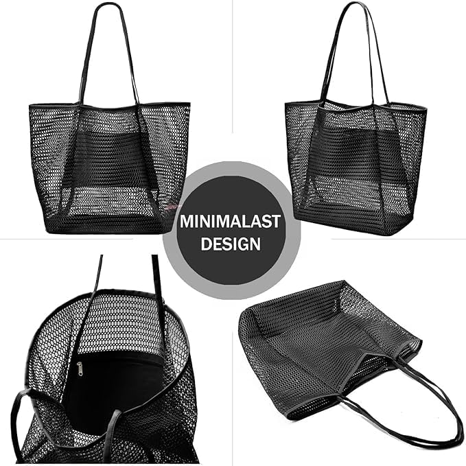 Compact foldable mesh reusable shopping bag, perfect as a beach, pool, or travel tote with inner pocket.