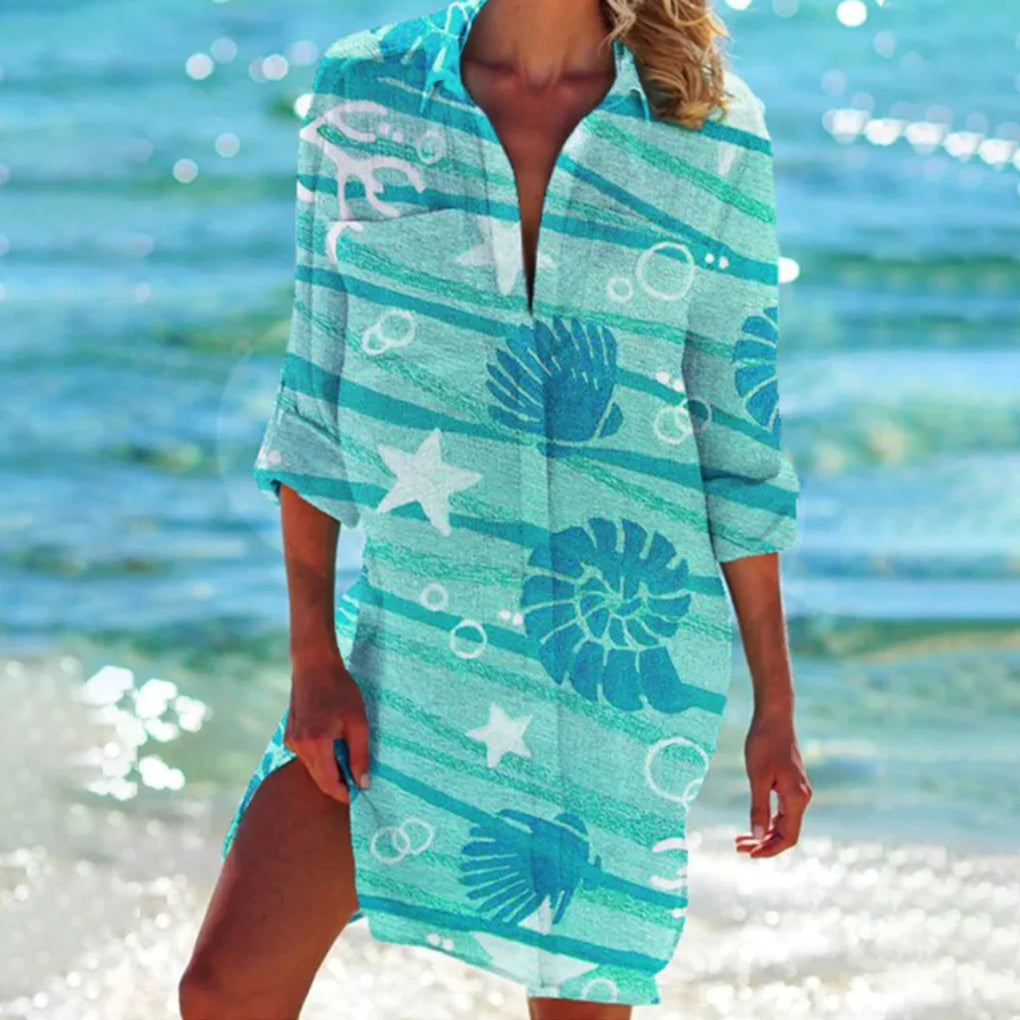 Relaxed fit women's tie-dye summer top, short-sleeve design, great for beach, resort wear, or casual style.