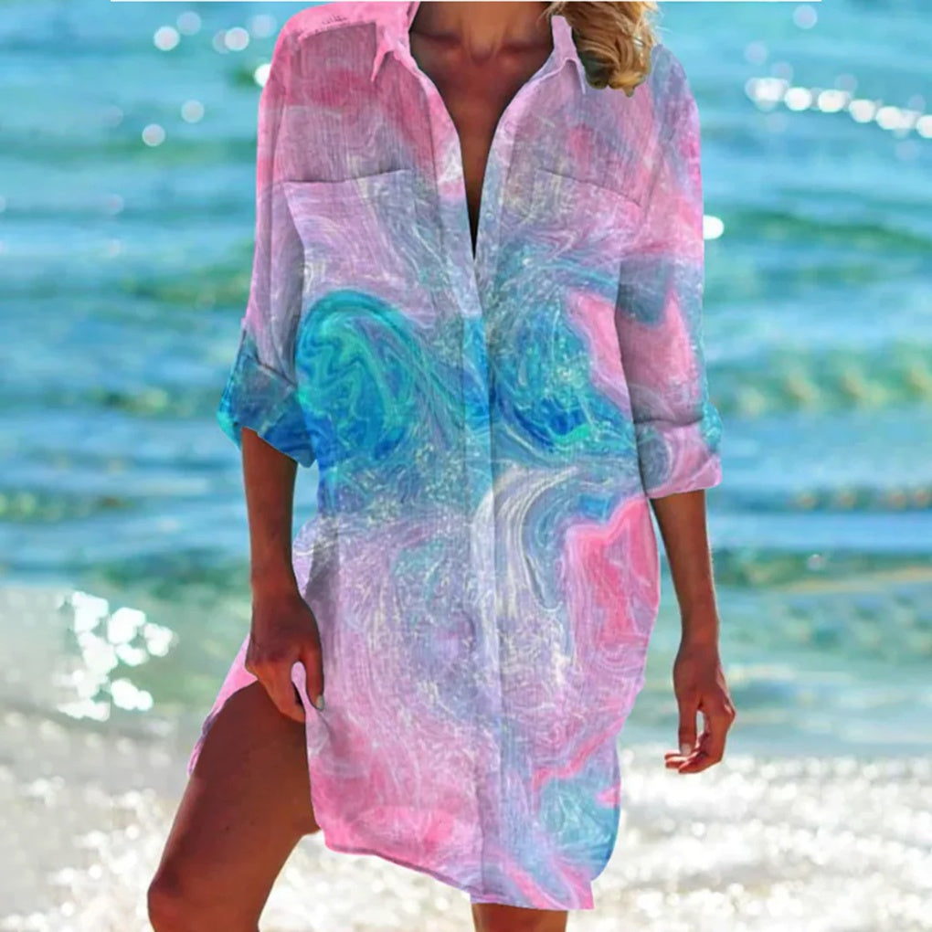 Stylish women's tie-dye beach shirt, a trendy short-sleeve top for summer fashion and relaxed casual wear.