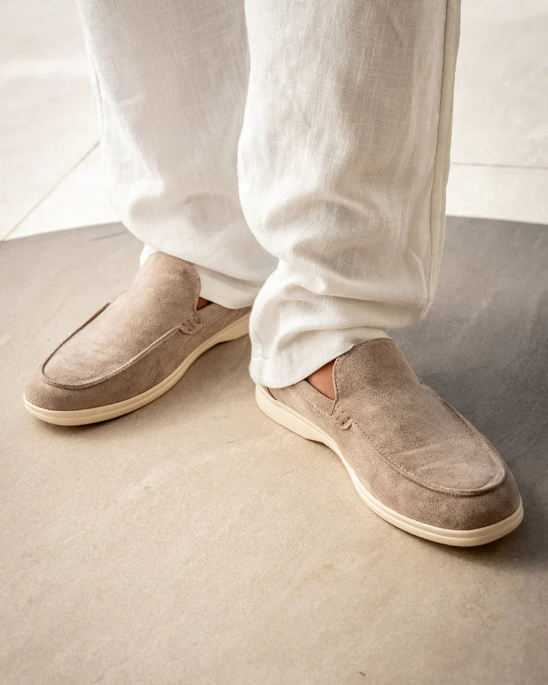 Textured beige slip-on loafers for men, perfect for smart casual and versatile everyday fashion. Comfortable.