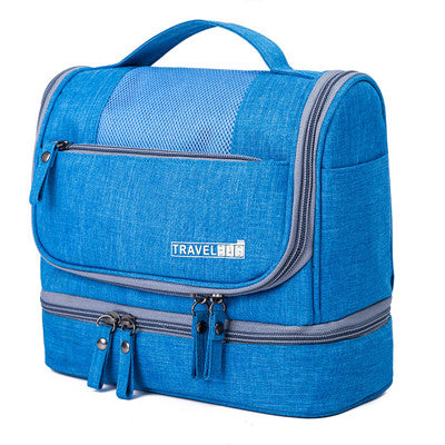 Spacious unisex travel toiletry bag, water-resistant & portable with many pockets for cosmetics and toiletries.
