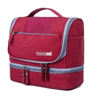 Portable hanging toiletry bag, great for travel & bathroom organization, multiple compartments for all essentials.
