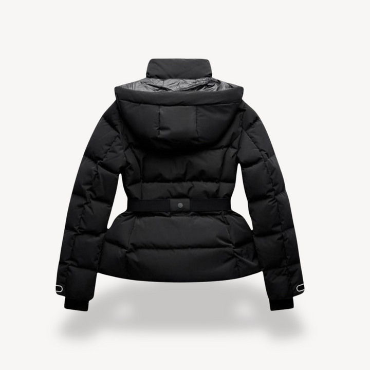Warm women's black puffer coat with a chic belt, perfect for cozy winter outerwear.