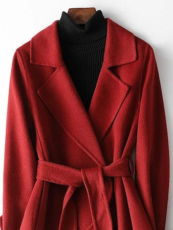 Versatile women's long belted wrap coat in a chic burgundy. Ideal elegant outerwear for fall & winter fashion.