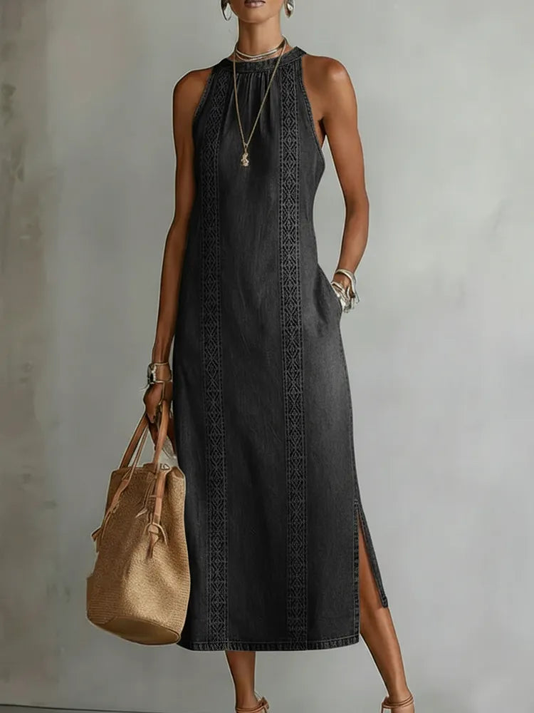 Stylish light blue women's halter neck maxi dress featuring an A-line silhouette and convenient pockets.