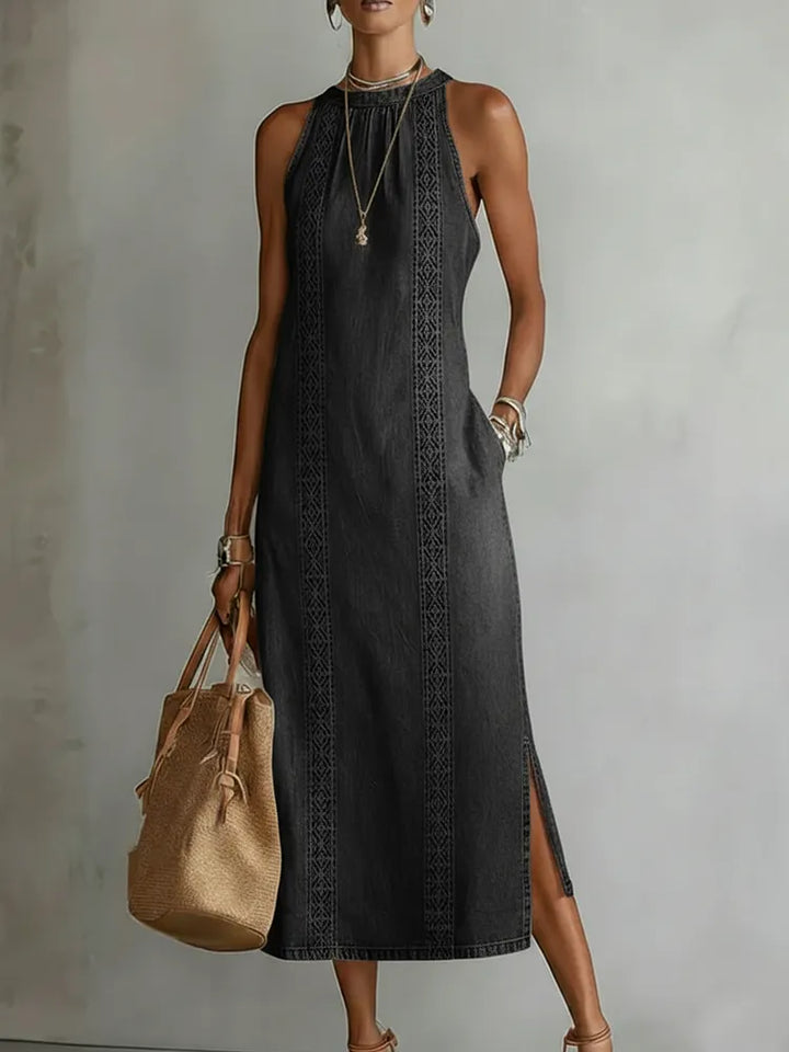 Stylish light blue women's halter neck maxi dress featuring an A-line silhouette and convenient pockets.