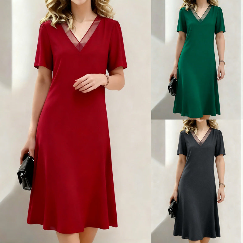 Red flowing V-neck midi dress for women with short sleeves and a comfortable, relaxed fit.