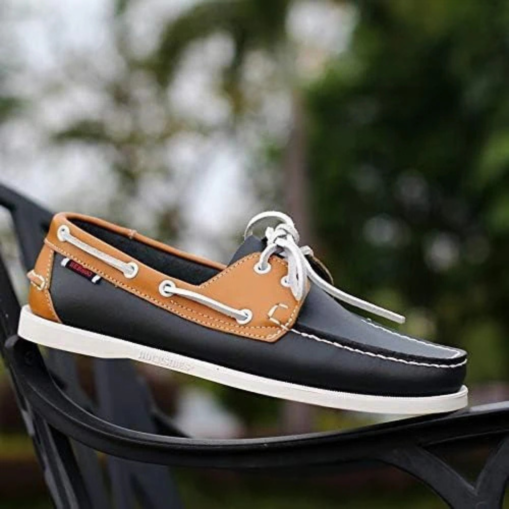 Men's two-tone lace-up boat shoes in brown & tan, perfect for smart casual everyday style & comfort on deck.