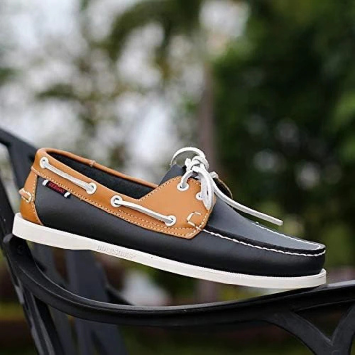 Men's two-tone lace-up boat shoes in brown & tan, perfect for smart casual everyday style & comfort on deck.