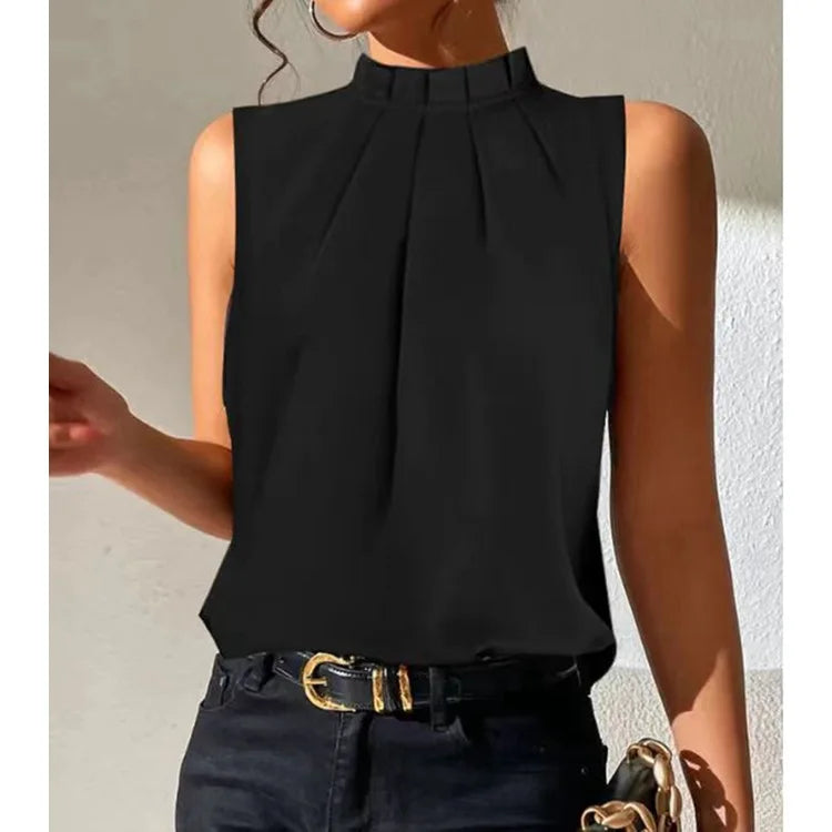 Women's black pleated top, perfect for casual wear or elegant office fashion. Versatile and chic everyday style.
