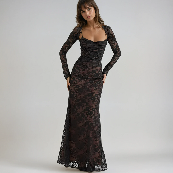 Elegant black lace maxi dress for women, perfect for special occasions, formal events, or as a wedding guest.
