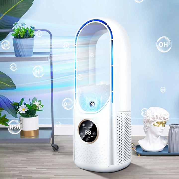 Versatile portable bladeless fan & AC unit, delivering quiet cooling for summer relief in any setting.