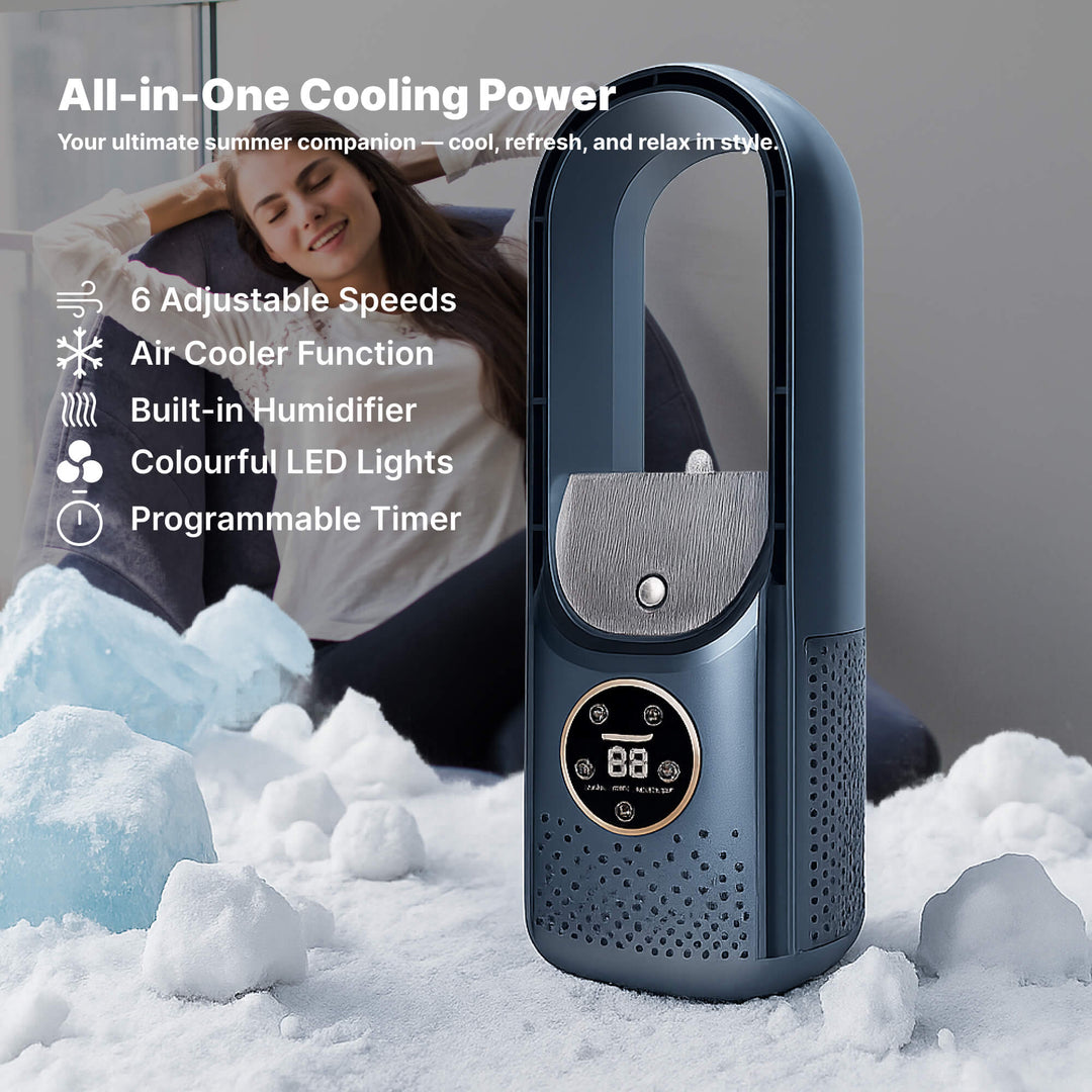 Compact bladeless personal cooler, ideal for silent office essential cooling. USB-powered desktop AC unit.