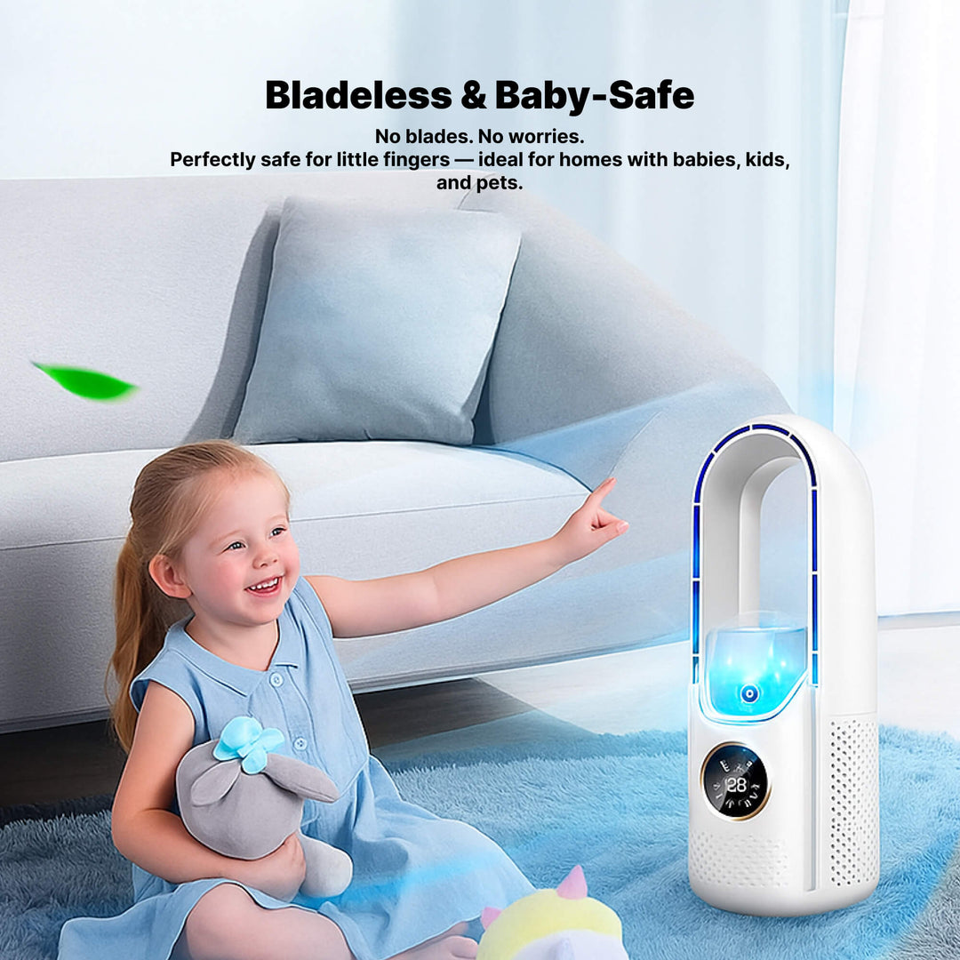 USB-powered portable bladeless fan, providing quiet personal cooling for any room. Summer relief essential.
