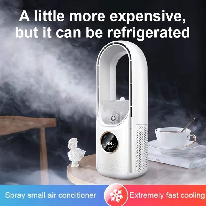 Sleek portable bladeless air conditioner for instant summer relief. Quiet personal cooler for home & office.
