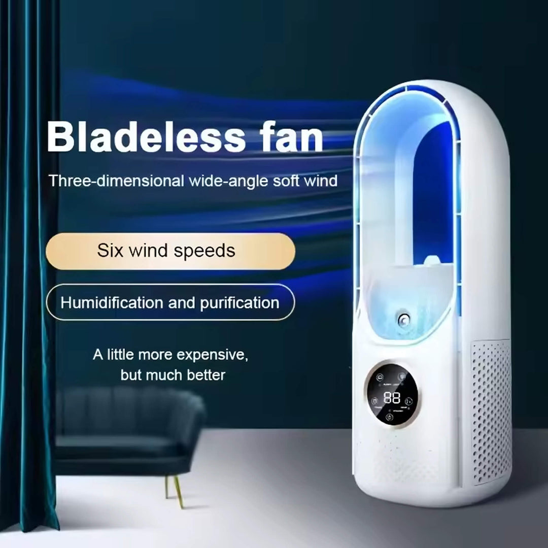 Modern portable bladeless air cooler, ensuring quiet summer relief & optimal home/office comfort. USB AC.