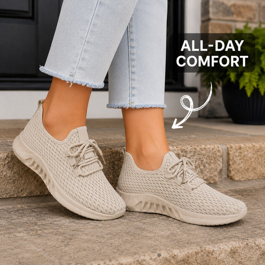 Beige women's everyday flat shoes, flexible & comfortable.