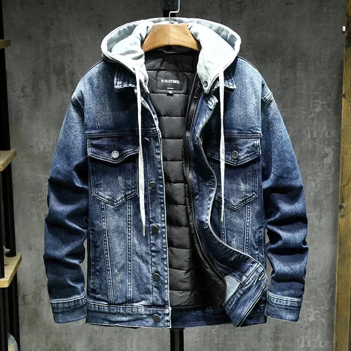 Button-front men's hooded jacket, versatile for layering and transitional casual wear.