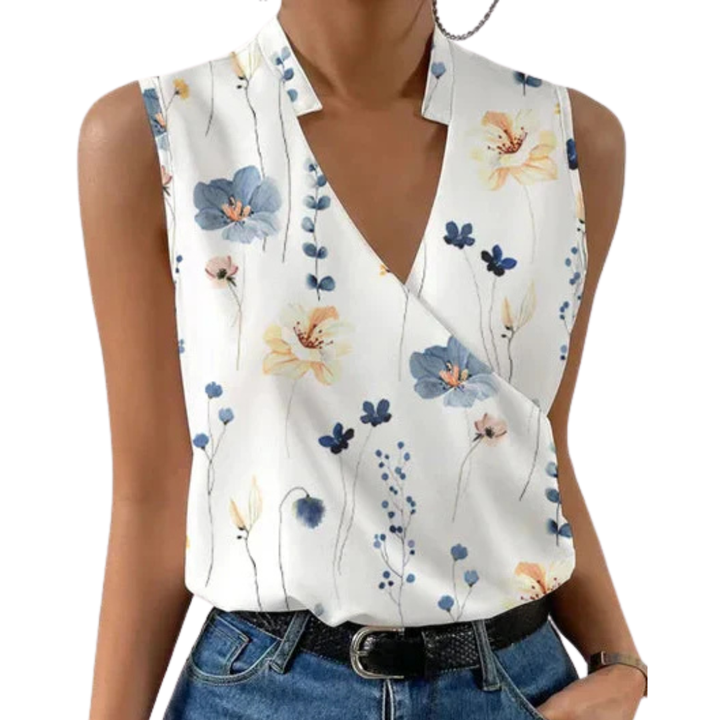 Modern women's V-neck sleeveless wrap blouse, perfect for versatile wear, from day to evening events.