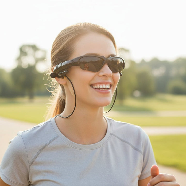 Smart audio sunglasses featuring Bluetooth 5.0, clear sound, polarized UV lenses for crystal-clear vision.