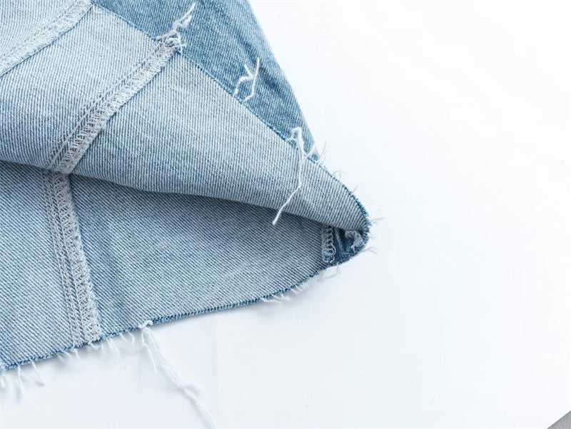 Blue denim strapless dress for women, zip-front closure, chic style.