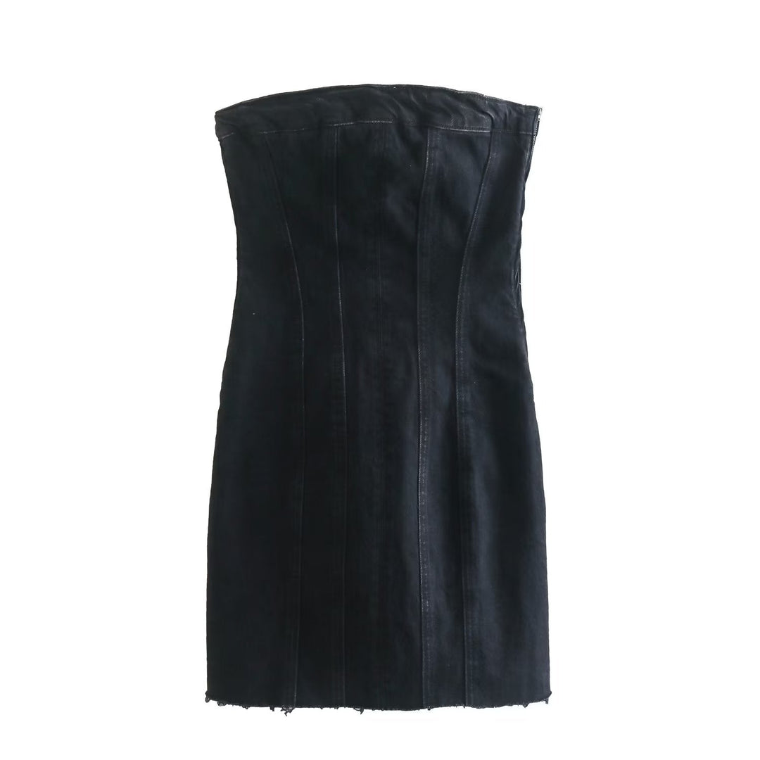 Modern blue strapless zip dress, women's chic casual wear.