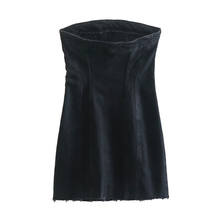 Denim strapless dress, blue, with a trendy front zip for women.