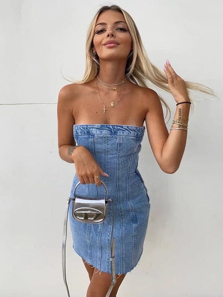 Stylish Bobbie strapless zip dress for women, modern unique design.