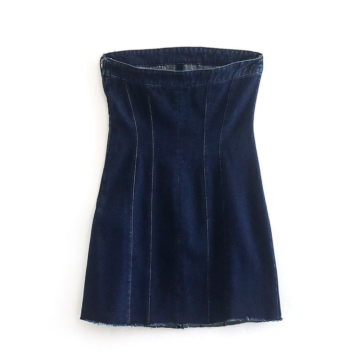 Casual chic blue strapless denim dress with front zip, women's fashion.