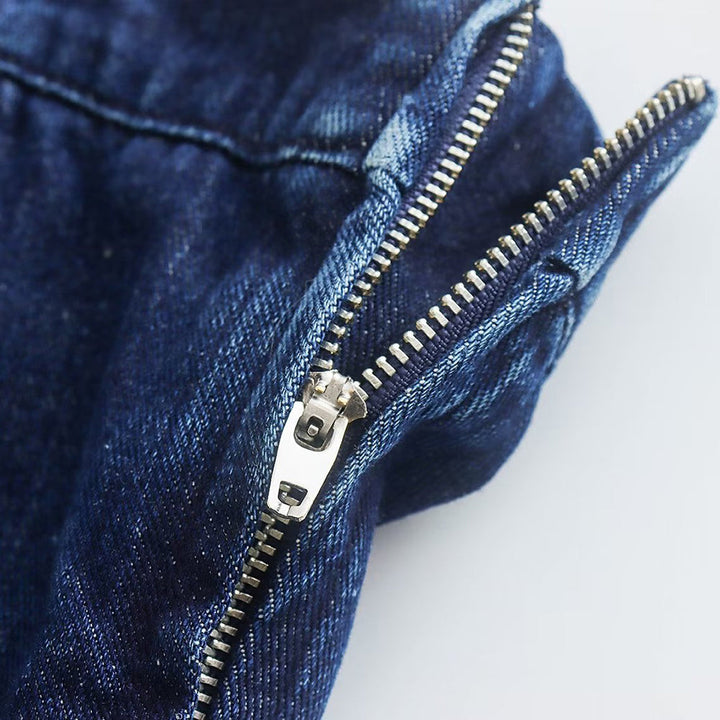 Blue strapless zip-front dress, chic and comfortable for women.