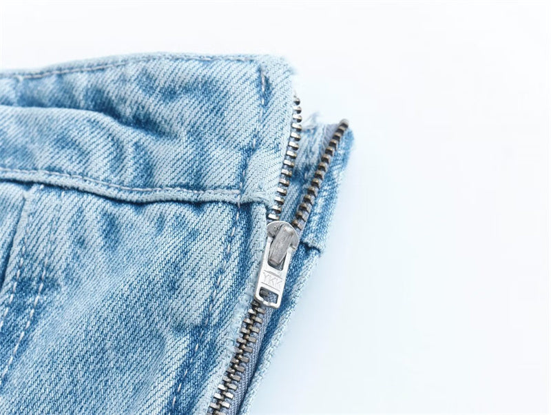 Stylish blue strapless dress with zip detail, unique casual chic.