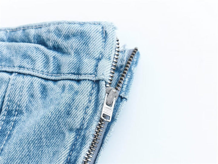 Stylish blue strapless dress with zip detail, unique casual chic.