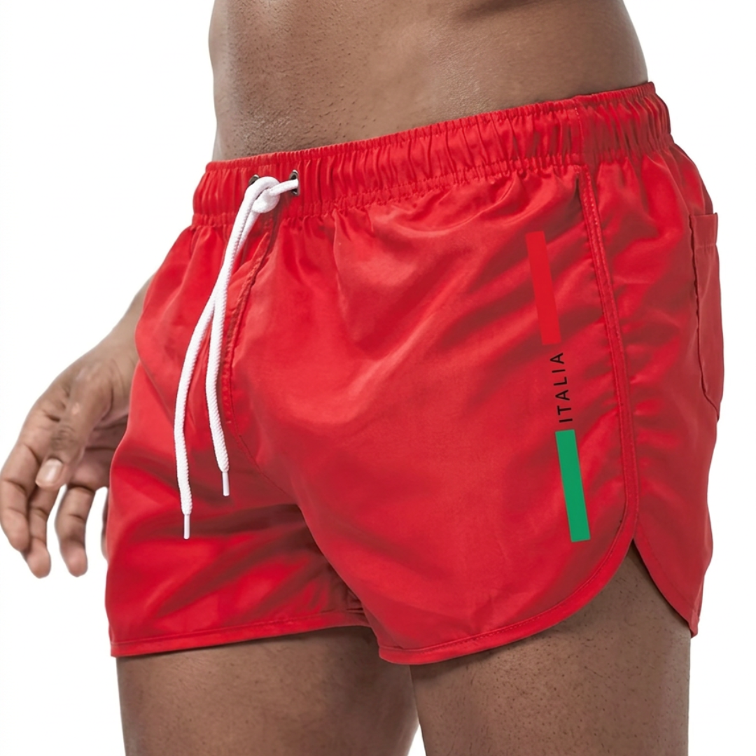Rear view of men's quick-dry striped swim shorts, great for athletic beach & pool days.