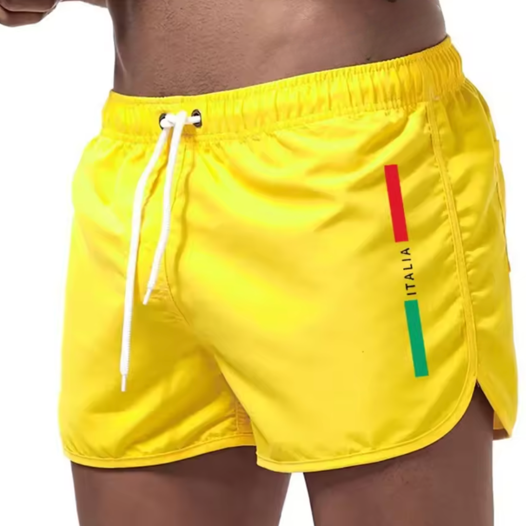 Athletic quick-dry men's striped swim shorts, perfect for swimming and casual beach activities.