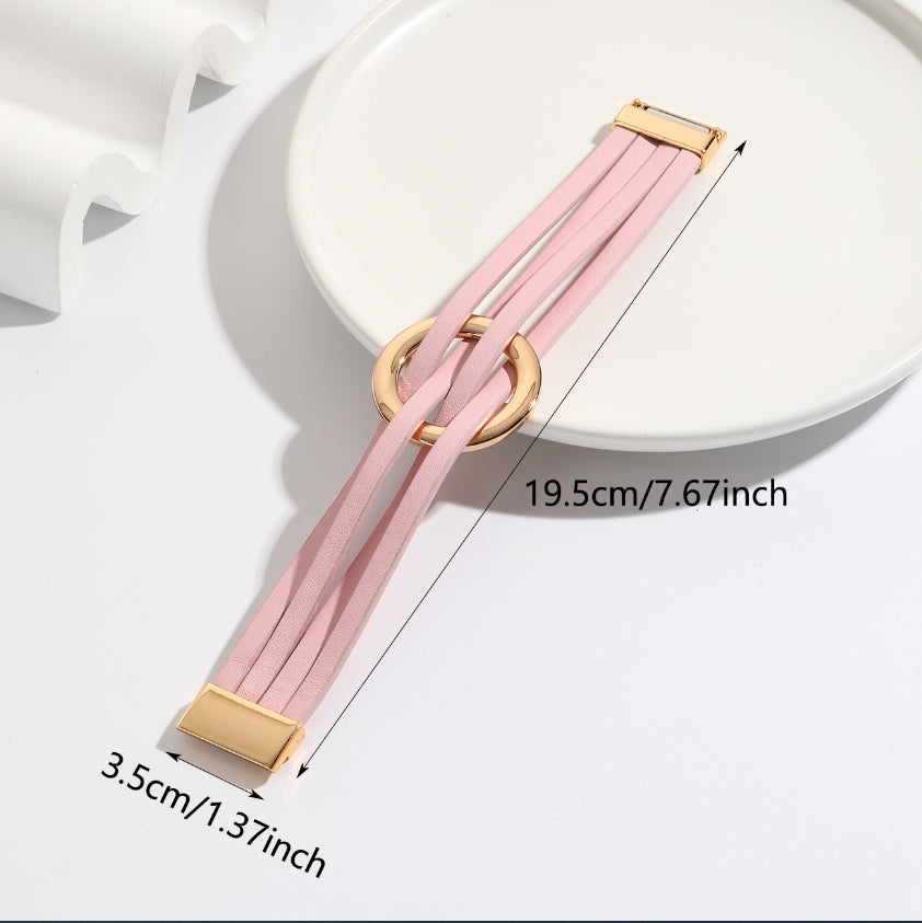 Pink bohemian double circle leather bracelet. Adjustable women's fashion accessory, a stylish gift for her.