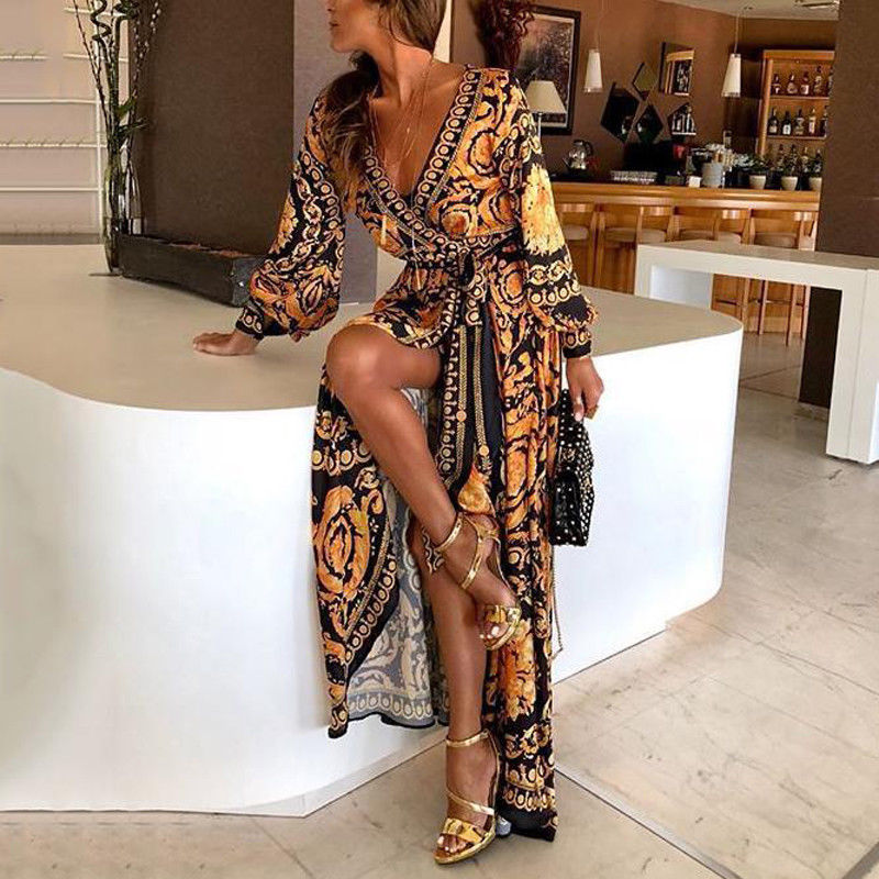 Flowy printed boho wrap maxi dress for women, featuring a stylish slit & long sleeves.