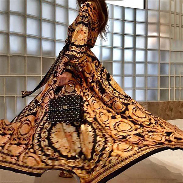 Elegant women's boho summer wrap dress with long sleeves, V-neck, and chic side slit.