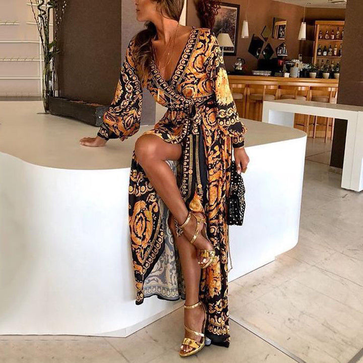 Women's Boho Wrap Maxi Dress with Slit, long sleeves, and V-neck for summer elegance.