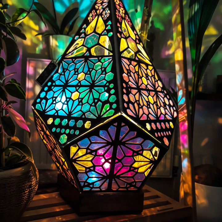 Handcrafted wooden LED boho lamp featuring a unique star pattern, an elegant decorative light for bohemian living.
