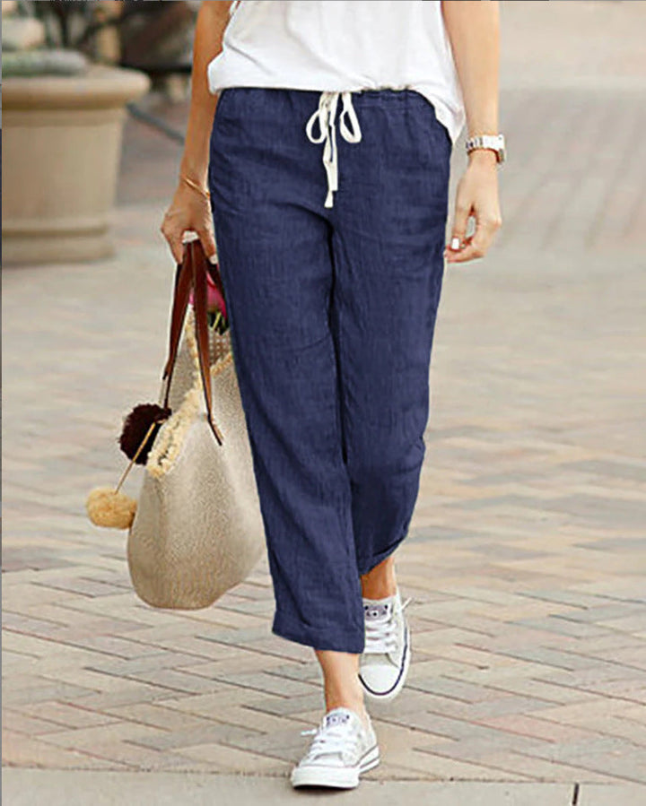 Versatile women's loose linen cropped drawstring pants for comfortable everyday style & casual spring/summer wear.